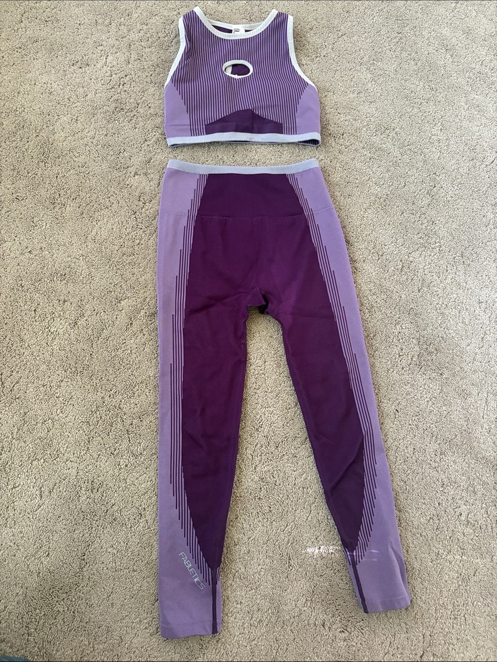 Fabletics Purple Two-Tone Seamless Leggings and sports bra set